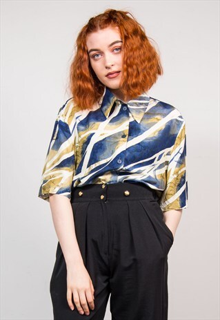 VINTAGE 90'S BLUE WAVEY PATTERN SHIRT BLOUSE
