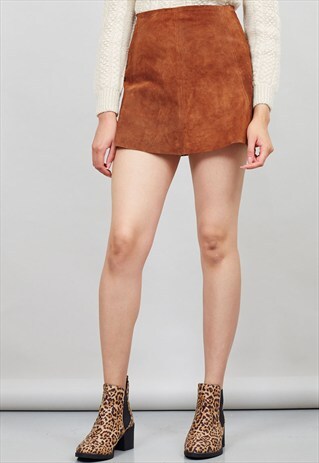 VINTAGE CAMEL BROWN SUEDE A-LINE MINI SKIRT