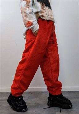 Red faux fur festival joggers raver pants fluffy ski trouser