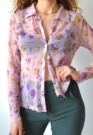 RARE VINTAGE 90S NEW LOOK FLORAL LILAC MESH SHIRT TOP