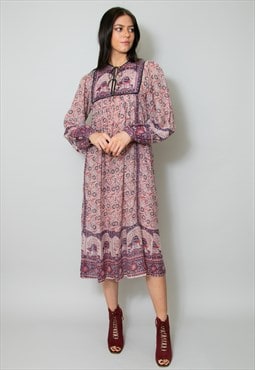 Vintage Indian Cotton Dress Mayur Size S Midi Pink Purple