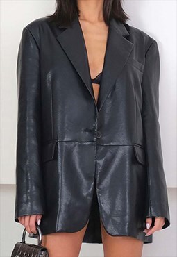 Leather Jacket Single Breasted Blazer in Black