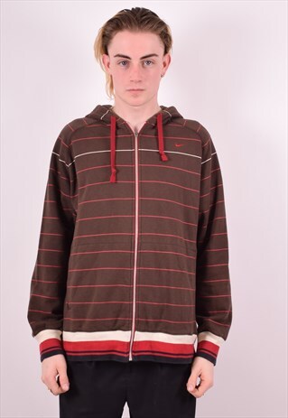 NIKE MENS VINTAGE HOODIE JACKET LARGE BROWN STRIPES 90S