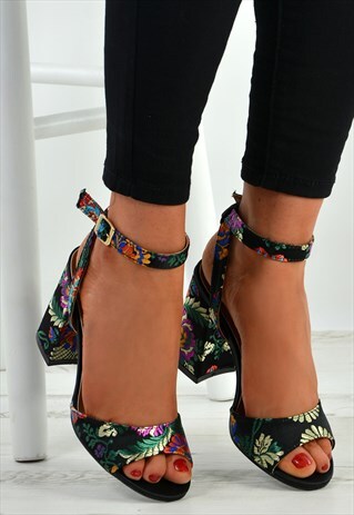 Black Floral Ankle Strap Block Heel Sandals Shoes | Cucu Fashion | ASOS ...