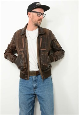 Vintage 90s Leather Brown Bomber Jacket Size M