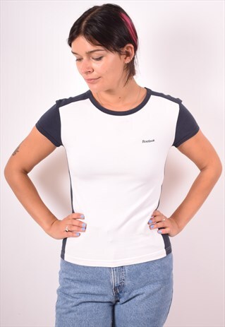 REEBOK WOMENS VINTAGE T-SHIRT TOP MEDIUM WHITE 90S