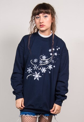 VINTAGE 90'S NAVY BLUE SNOWFLAKE PRINT WINTER SWEATSHIRT