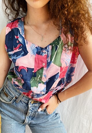 VINTAGE 80S ABSTRACT PAINTING PRINT HAUTE BOHEME BLOUSE TOP