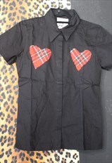 Tartan hearts patchwork shirt smart black fitted top