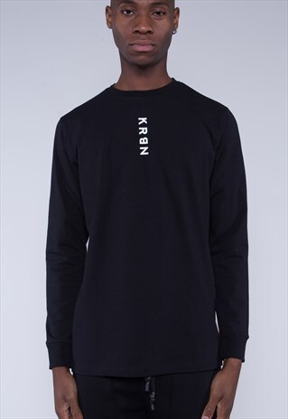 BLACK LONG SLEEVE T-SHIRT WITH RIBBED CUFF AND CHEST LOGO