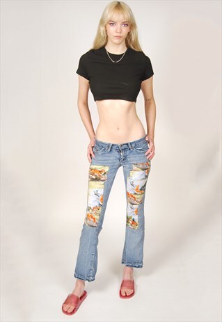 Y2K Patchwork Jeans (UK 4) vintage diy low rise flare skinny