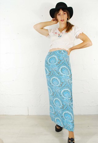 VINTAGE 90S PAISLEY TURQUOISE BLUE MIDI MAXI SKIRT