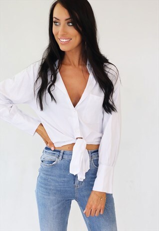 WHITE CROPPED TIE SHIRT TOP