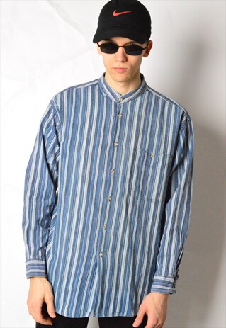 VINTAGE 90S BLUE STRIPED COLLARLESS LONG SLEEVE SHIRT