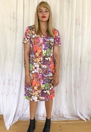 BRIGHT NEON PHOTO FLORAL VINTAGE DRESS