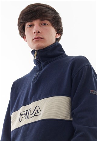 VINTAGE FILA PULLOVER SWEATER 90S NAVY BLUE BEIGE BIG LOGO
