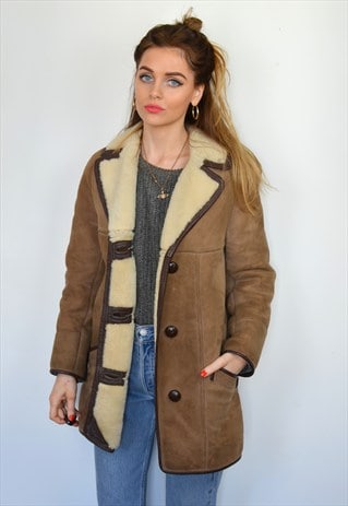 VINTAGE 70S BROWN & CREAM SHEEPSKIN SHEARLING COAT