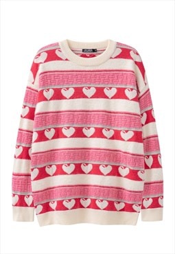 Heart print sweater preppy jumper knitted love top in red
