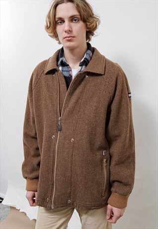 VINTAGE 70S BROWN BOXY ZIP UP TEXTURED KNIT JACKET MEN L