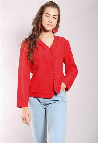 VINTAGE 80S RED FITTED BRAIDED EDGE BLOUSE