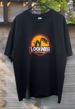 Loch Ness monster Jurassic park parody black T-shirt XL 