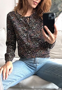 Black Floral Long Sleeved Top / Blouse - Small