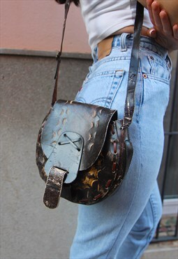 Dark Brown Tooled Small Real Leather Handbag