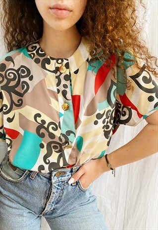 VINTAGE 80S LUXE ABSTRACT MOD PRINT BOHEME BLOUSE TOP
