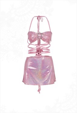 Pink Holographic Halter Party Y2K Mini Dress