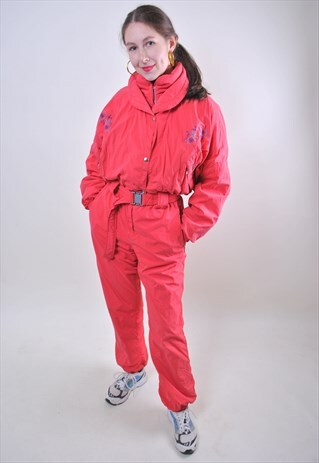 80S VINTAGE RED SKI SUIT, WOMEN RETRO SNOWSUIT WITH FLOWERS