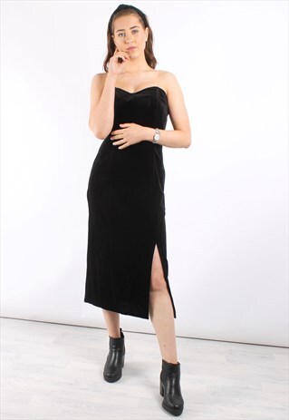 VINTAGE 90S VELVET STRAPLESS MIDI DRESS IN BLACK WITH SPLIT