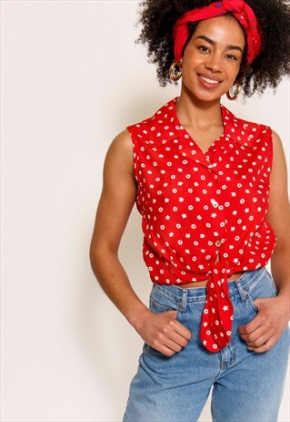 VINTAGE 90'S RED FLORAL CROPPED BLOUSE