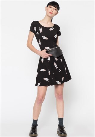 BLACK SHORT SLEEVE SLOTH IN SPACE PRINTED SKATER DRESS