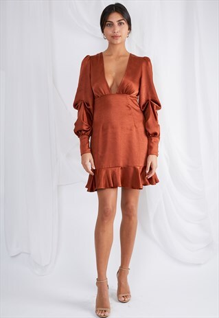DAPHNE PLUNGE MINI DRESS - COPPER SATIN