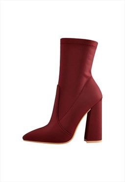 Stretch Chunky Block High Heels Red Ankle Booties