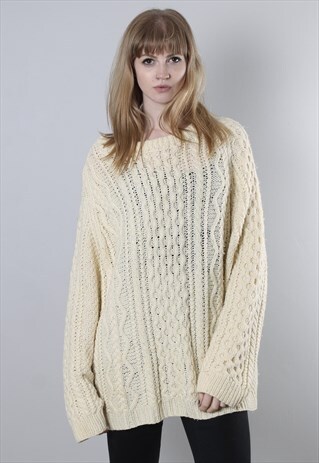 VINTAGE 80S CREAM CABLE KNIT OVERSIZE JUMPER