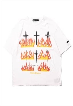 Burning cross print tee graffiti flame grunge t-shirt white