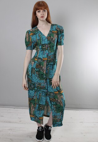 VINTAGE 80S LONG TURQUOISE PATTERNED BUTTON DRESS