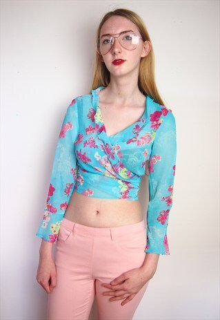 VINTAGE BLUE FLORAL WRAP CROP TOP