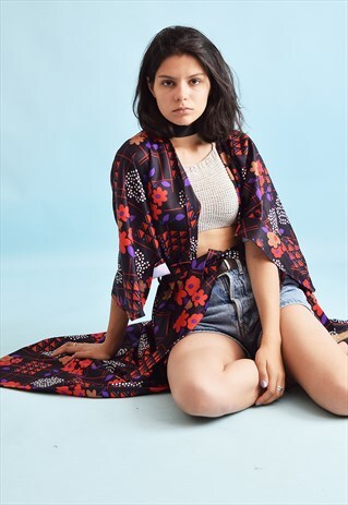 70'S HIPPIE BOHO FESTIVAL ABSTRACT MAXI KIMONO JACKET