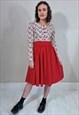 VINTAGE Y2K RED FLORAL BUTTON FIT AND FLARE DRESS