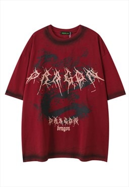 Dragon print t-shirt tie-dye tee retro snake top in red