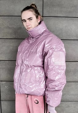 Shiny Plastic cropped bomber quilted puffer jacket fade pink