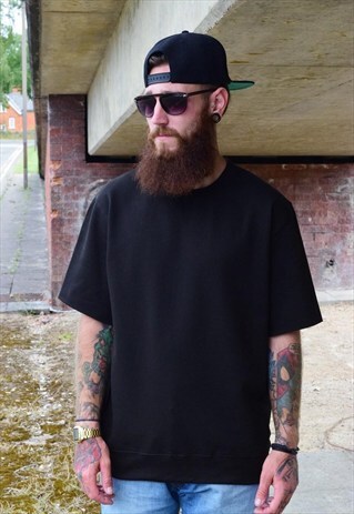 NEW MENS PLAIN BLACK SHORT SLEEVE JUMPER SWEATER T SHIRT