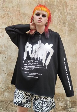 Punk slogan hoodie graffiti print grunge pullover in black