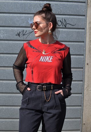 VINTAGE 90'S NIKE REWORK FISHNET LONG SLEEVE CROP TEE