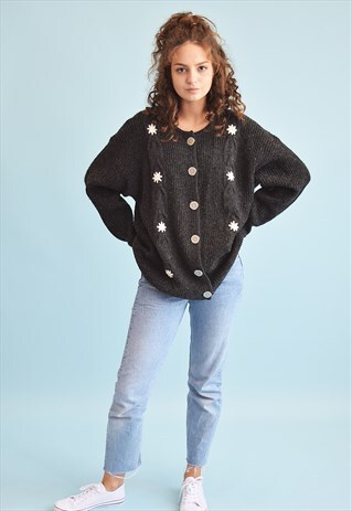 90'S RETRO FLORAL EMBROIDERY KNIT WOOLEN CARDIGAN