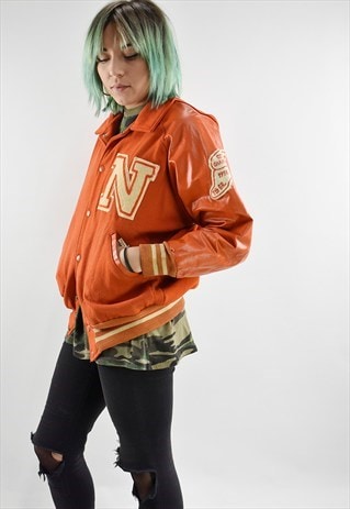 VINTAGE 70S ORANGE VARSITY JACKET W/ LEATHER SLEEVES
