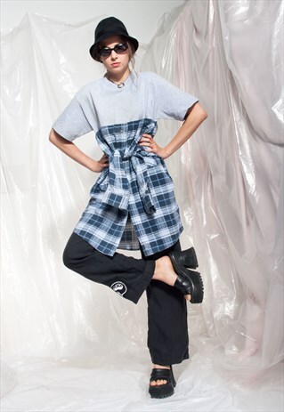 VINTAGE SHIRT DRESS REWORKED CHECKED GRUNGE TEE DRESS