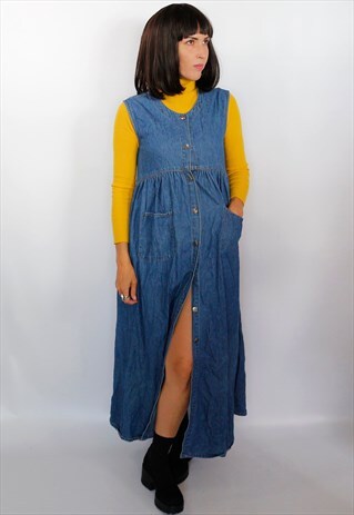 VINTAGE 90'S LONG DENIM PINAFORE DRESS